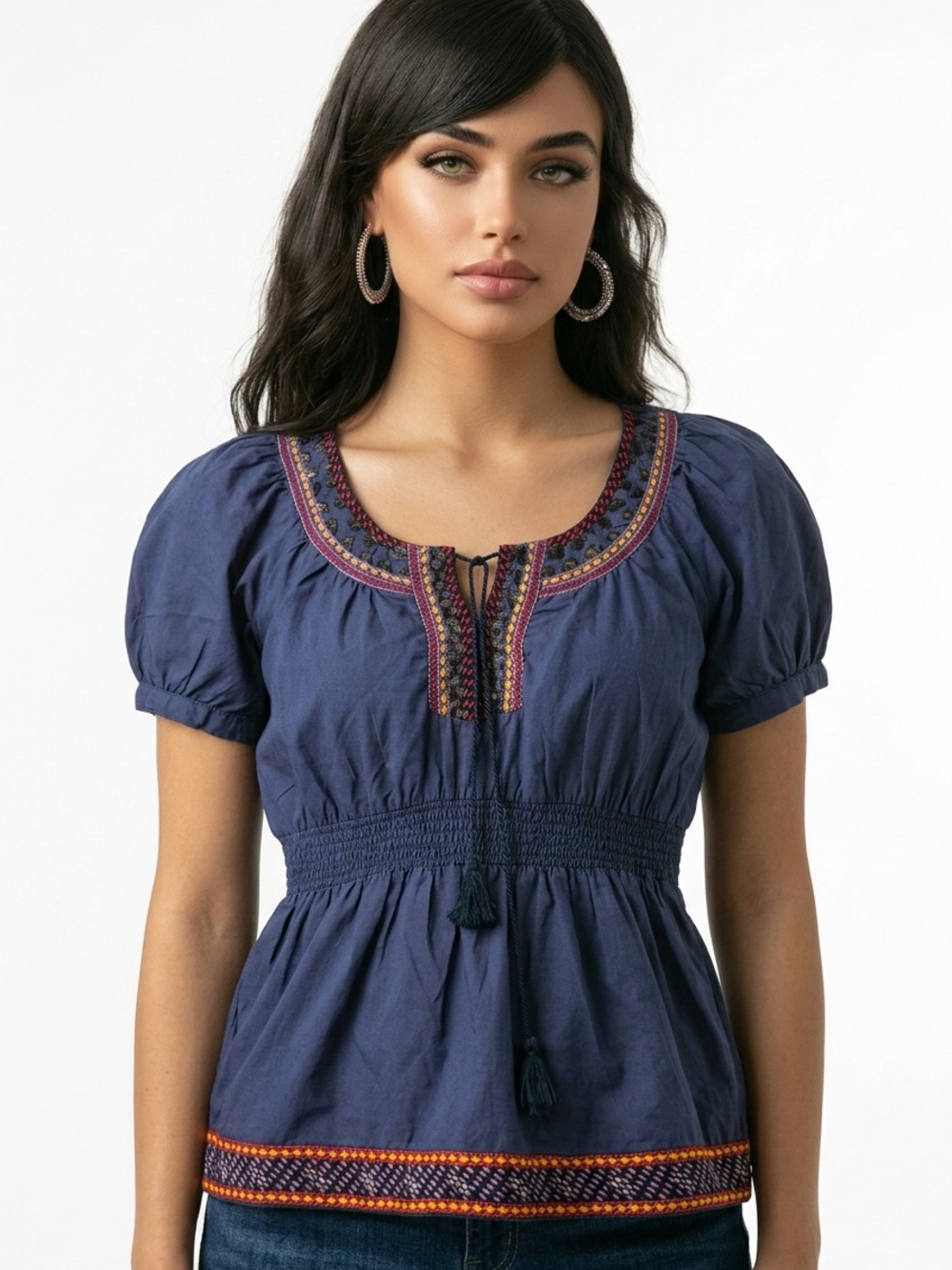 Navy Embroidered Peasant Blouse with Smocked Waist